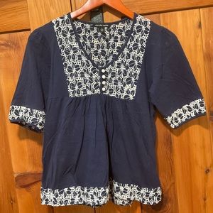 Petite small blue with white floral lace V neck womens shirt summer casual boho
